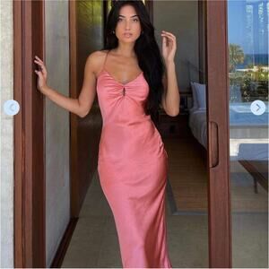 Camila Coelho Arnoldo Rose Pink Satin Maxi Gown Lace Up Back Sleeveless Sz L